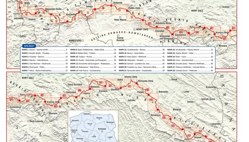 Mapa szlaku Głównego Szlaku Beskidzkiego z zaznaczonymi etapami i miejscowościami.