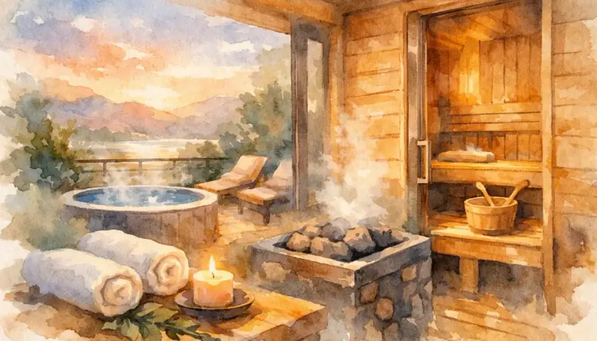 Relaks przy zachodzie słońca: gorąca balia, świeca i parująca sauna w lesie.