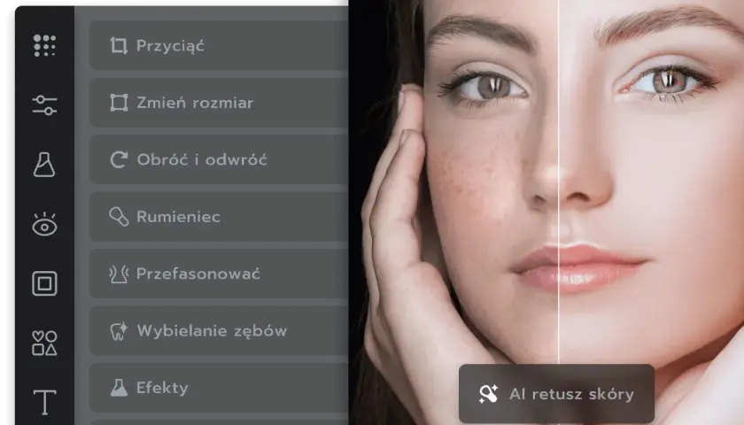 Przed i po retuszu twarzy. Po lewej widać niedoskonałości, po prawej gładką skórę dzięki **odszumianiu zdjęć** i AI.