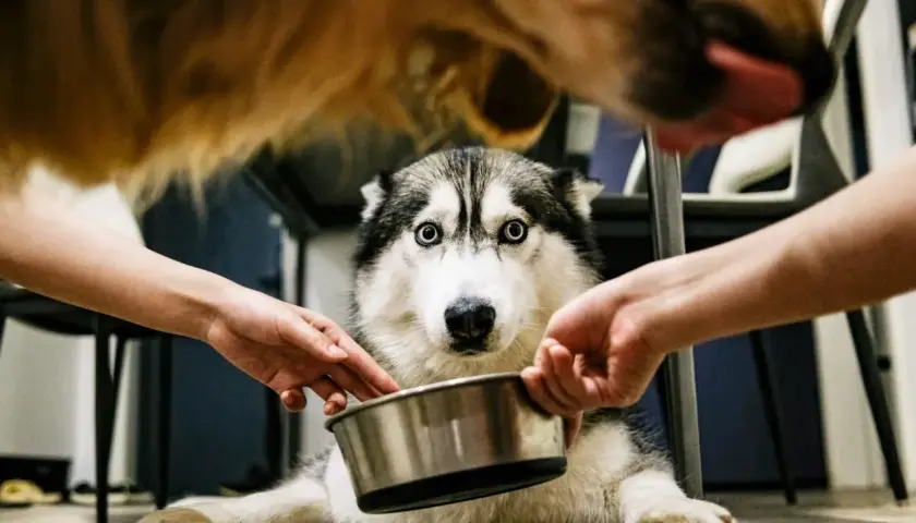 Siberian husky z niebieskimi oczami czeka na jedzenie. Dwie ręce trzymają miskę, a nad nim wisi inny pies. Ile nospy dla psa 10 kg?
