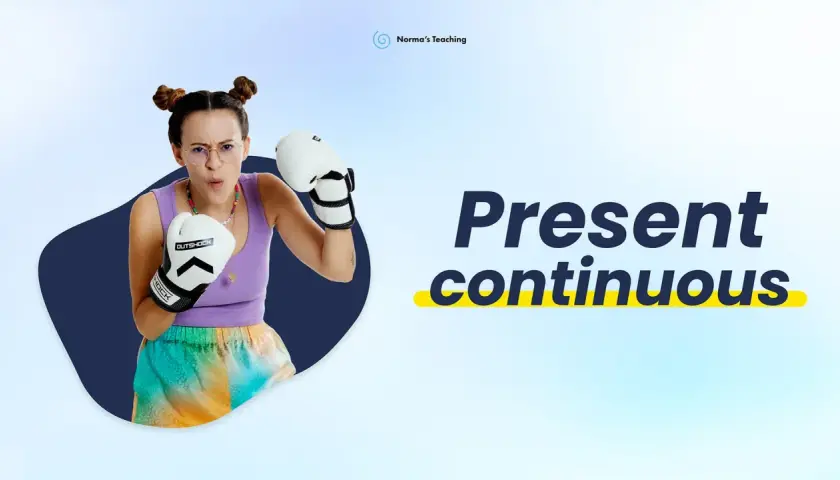 Ragazza con guantoni da boxe, pronta a combattere, mentre il testo "Present continuous" appare. Non sta perdendo tempo!