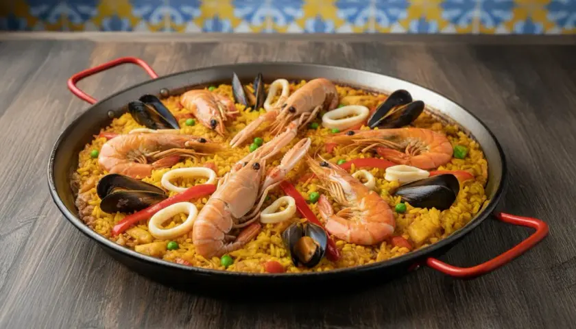 Paella de marisco, un plato principal perfecto para cualquier ocasión. Este paella recept incluye gambas, mejillones, calamares y pimientos.