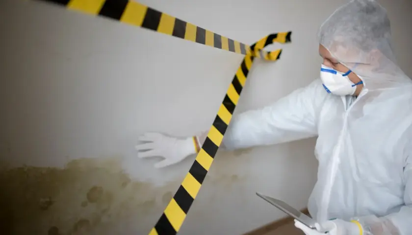 Mann in Schutzanzug untersucht Wand mit Schimmel, der muffiger Geruch nach Wasserschaden verursacht. Warnband markiert den Bereich.