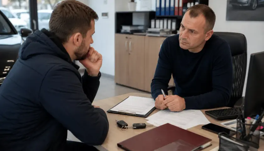 Dwóch mężczyzn przy biurku omawia umowę. Kluczyki samochodowe leżą na blacie. Dyskutują o tym, ile czasu na zwrot auta od osoby prywatnej.