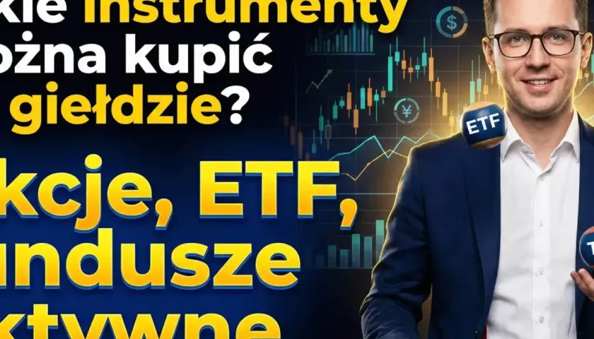Mężczyzna żongluje piłkami z napisami ETF i TFI. Na tle wykresy giełdowe, sugerujące inwestycje na giełdach.
