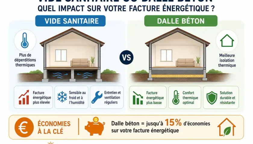 Comparaison entre vide sanitaire et dalle béton. Le vide sanitaire entraîne plus de déperditions thermiques, tandis que la dalle béton offre une meilleure isolation et des économies.