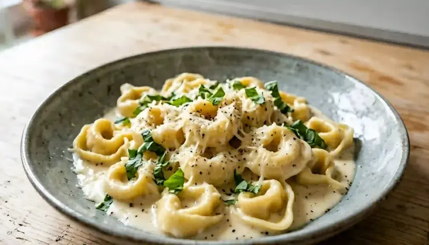 Tortellinis onctueux nappés d'une sauce mascarpone pour pâtes, parsemés de parmesan râpé et de basilic frais.