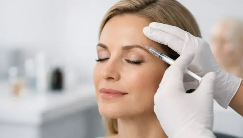 En kvinna får botox i pannan. Hon ser avslappnad ut.