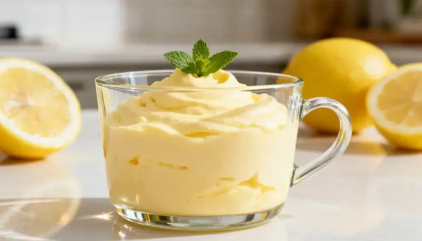 Morbida mousse al limone in una tazza di vetro, guarnita con menta fresca. Limoni interi e tagliati sullo sfondo.