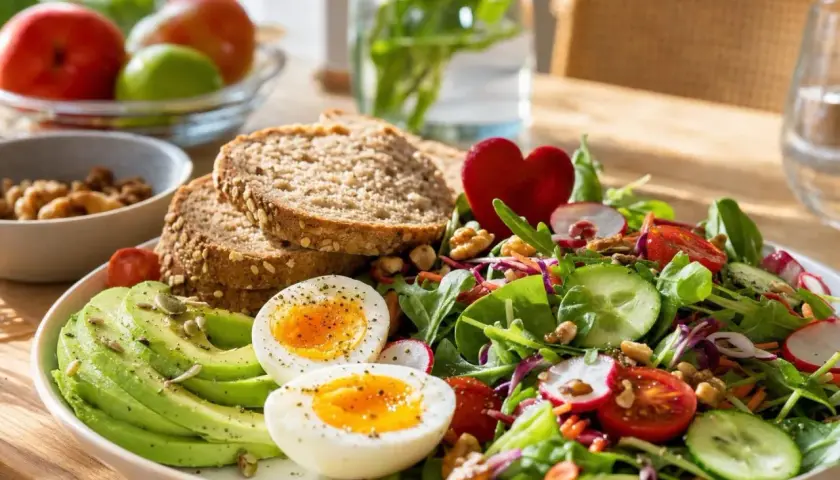 Salade colorée avec avocat, pain complet, et deux moitiés d'œuf à la coque. La fraîcheur de l'œuf suggère qu'il est bien avant sa date de péremption.
