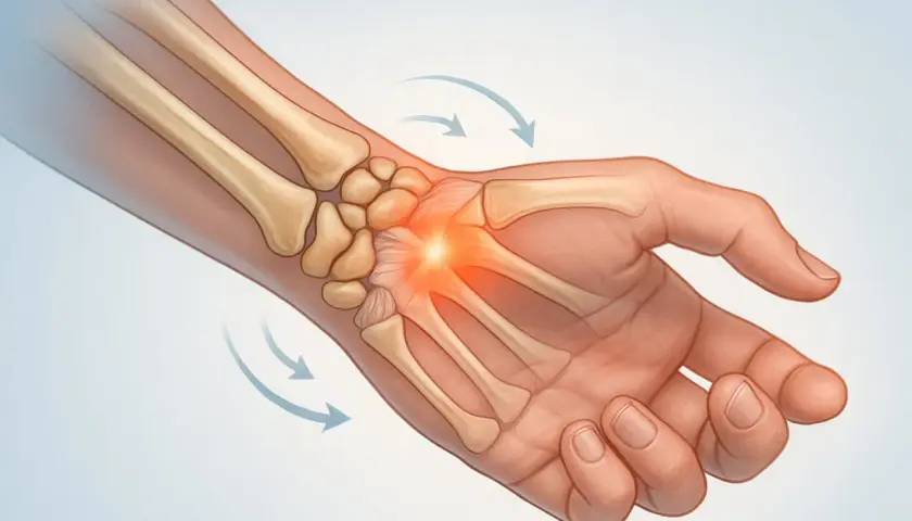 Illustration av handledens ben med inflammation. Pilarna visar rörelse, vilket kan vara en handsvett orsak.