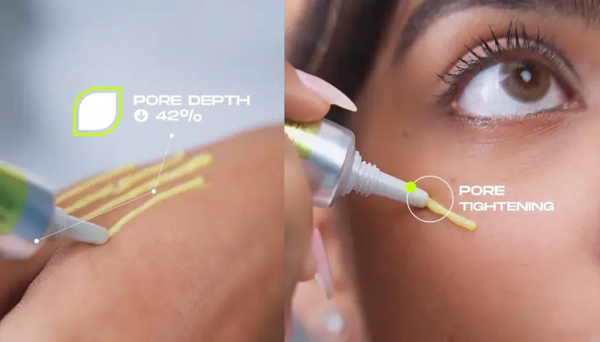 Dwa ujęcia: aplikacja serum na dłoń z informacją o redukcji głębokości porów o 42% i zbliżenie na twarz z aplikacją produktu na skórę, podkreślające jego działanie zwężające pory. celimax retinal shot.
