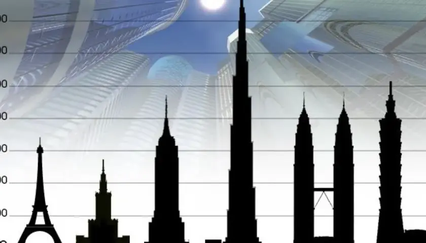 Porównanie wysokości budynków: Wieża Eiffla, Pałac Kultury, Empire State Building, Burj Dubaj (najwyższy budynek), Petronas Towers, Taipei 101.