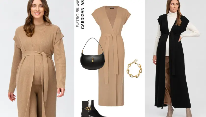 Moda comoda e chic per chi cerca come vestirsi dopo il parto: cardigan lunghi, abiti morbidi, stivali e borsa.