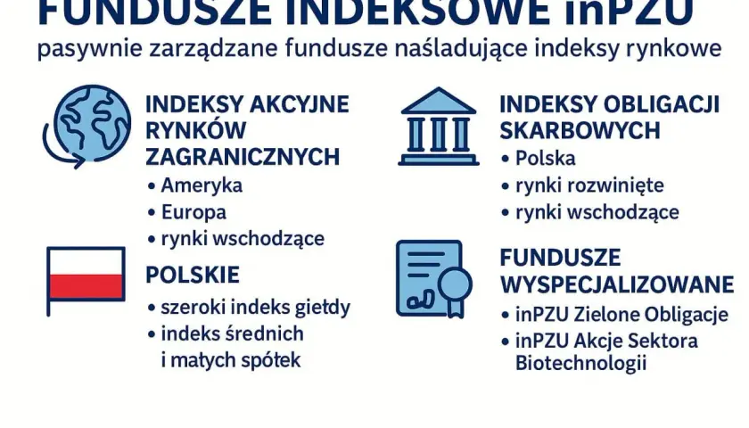 Fundusze indeksowe inPZU: akcyjne rynków zagranicznych, polskie, obligacji skarbowych i wyspecjalizowane.