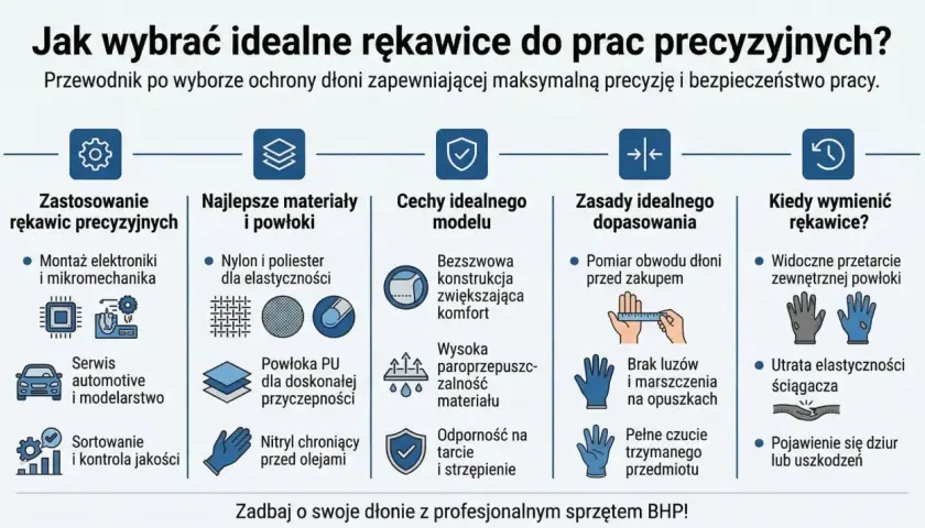Przewodnik po wyborze rękawic do prac precyzyjnych: zastosowanie, materiały, cechy, dopasowanie i kiedy wymienić. Idealne rękawice do szlifowania zapewnią komfort i bezpieczeństwo.