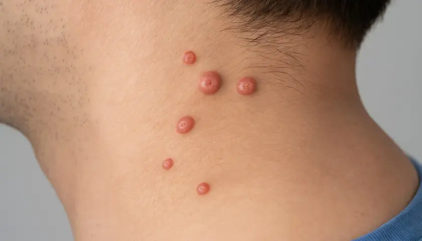 Molluschi sulla pelle di un bambino, piccole protuberanze rosee che compaiono sul collo.
