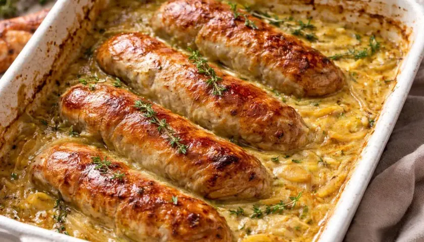 Quatre andouillettes dorées mijotent dans une sauce crémeuse aux herbes, prêtes à être dégustées. Un plat réconfortant et savoureux.
