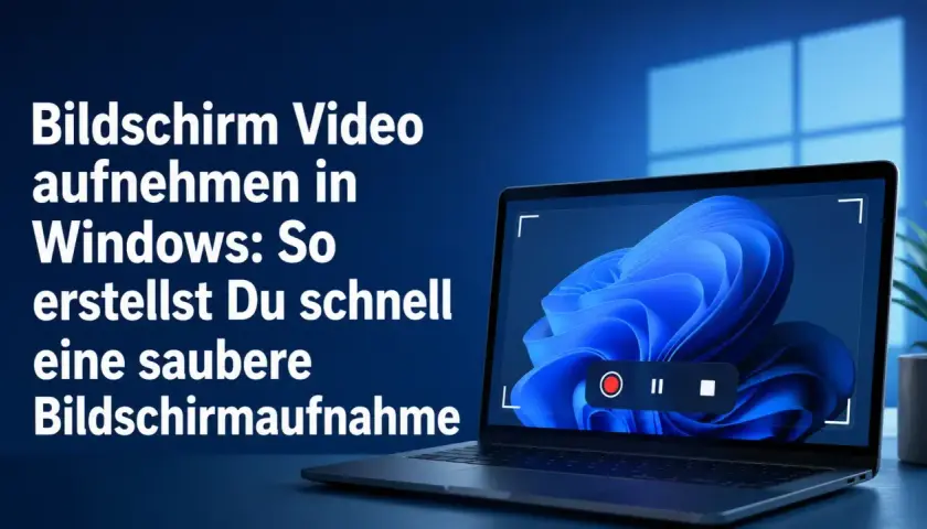 Laptop mit Windows-Oberfläche zeigt eine Bildschirmaufnahme mit Aufnahmesymbol.