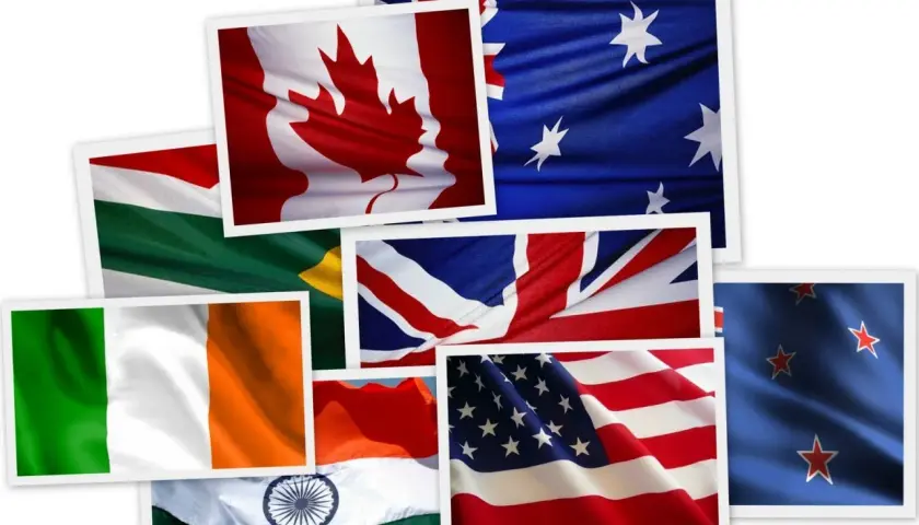 Flagi Kanady, Australii, USA, Wielkiej Brytanii, Irlandii, Nowej Zelandii i Indii. Kolekcja zdjęć prezentująca kraje anglojęzyczne.