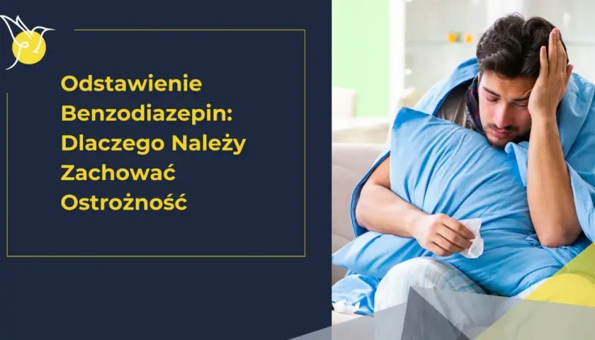 Chory mężczyzna z poduszką, otulony kocem, symbolizuje trudności z odstawieniem leków, np. clonazepamu.
