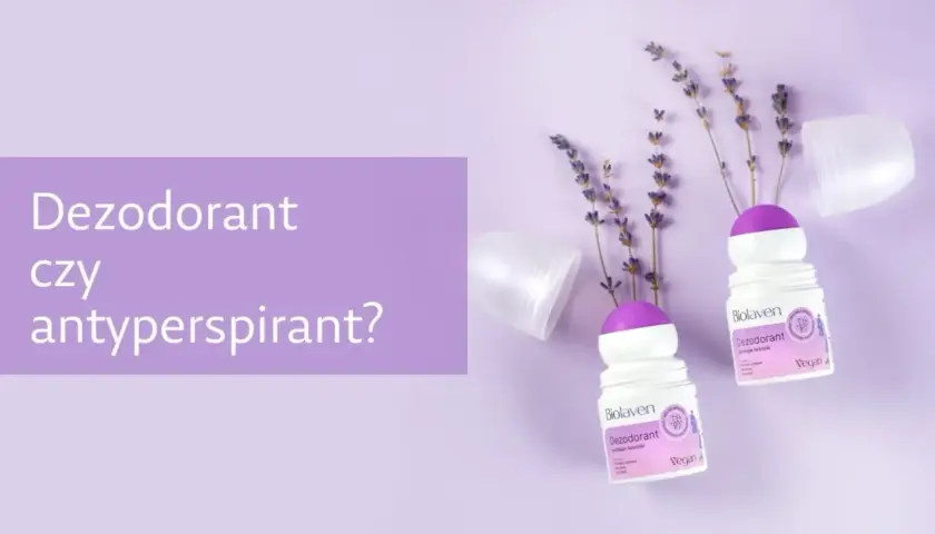 Dwa dezodoranty Biolaven z lawendą, obok pytania "Dezodorant czy antyperspirant?".