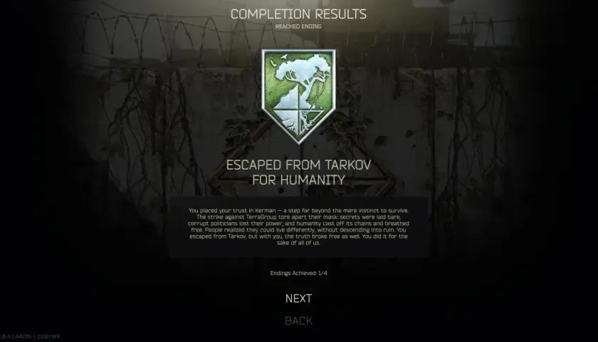 Ergebnisbildschirm "Escaped from Tarkov for Humanity". Nach dem Tarkov Wipe hast du die Menschheit gerettet.