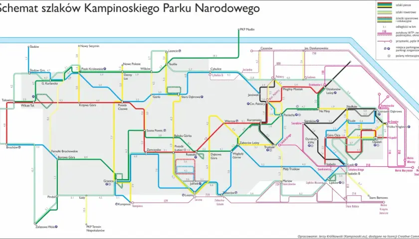 Mapa szlaków Kampinoskiego Parku Narodowego, idealna na wycieczkę z psem.