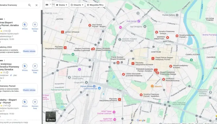 Mapa Poznania z zaznaczonymi doradcami kredytowymi i ekspertami finansowymi.