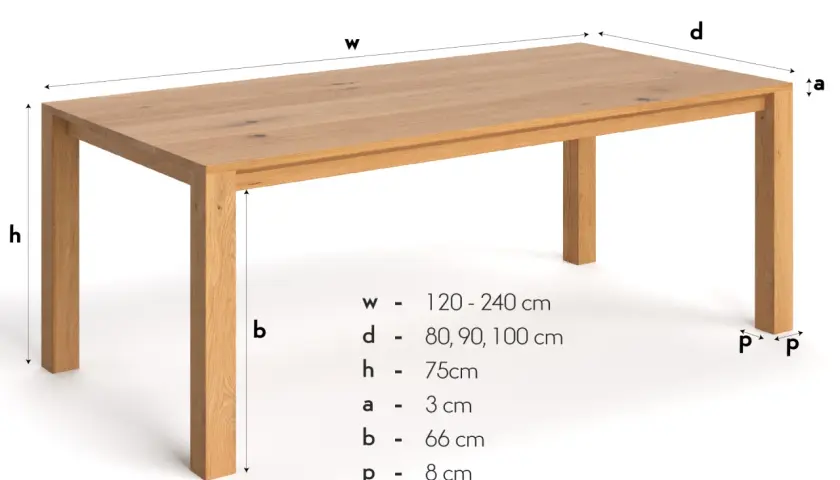 Projekt stołu drewnianego z litego dębu. Wymiary: szerokość 120-240 cm, głębokość 80-100 cm, wysokość 75 cm.