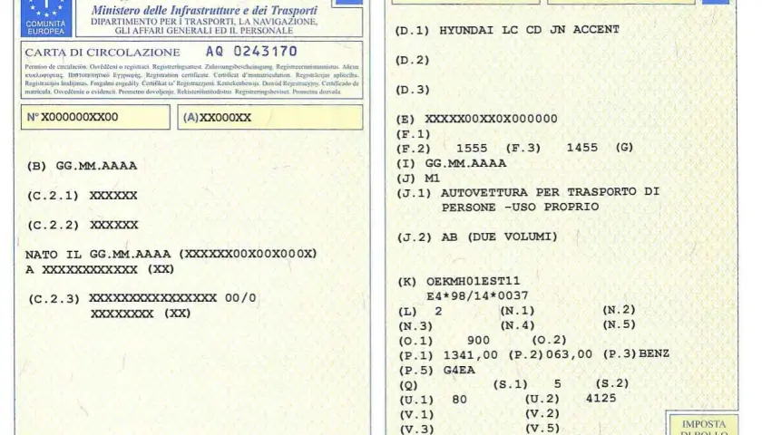 Pagina di un libretto auto con dati di lettura. Informazioni sul veicolo, marca e modello.