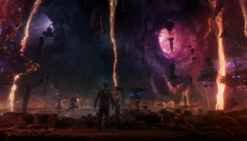 Deux explorateurs contemplent un paysage étrange et vibrant, des colonnes de feu et de lumière traversent un ciel tourbillonnant de violet et de noir. Ils sont au bord du royaume quantique.