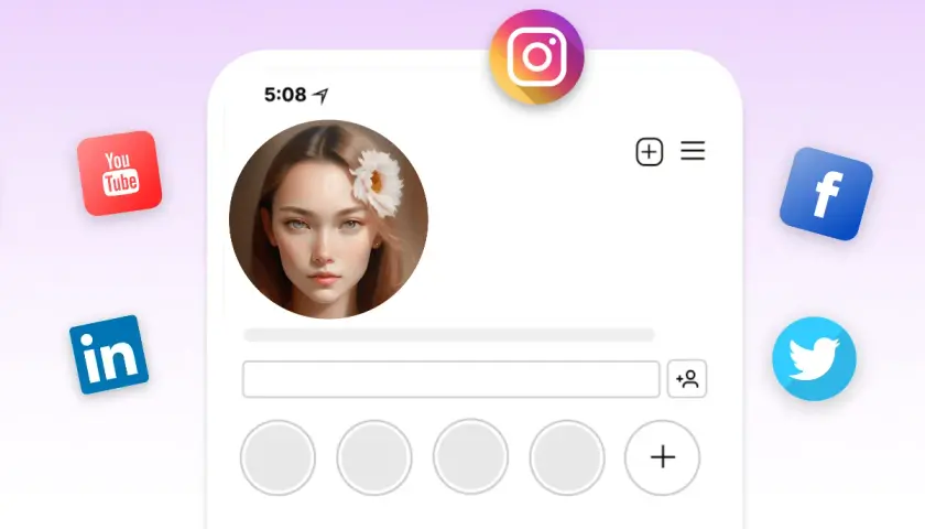 Profil użytkownika z pięknym **awatar**em, otoczony ikonami YouTube, LinkedIn, Instagram, Facebook i Twitter.