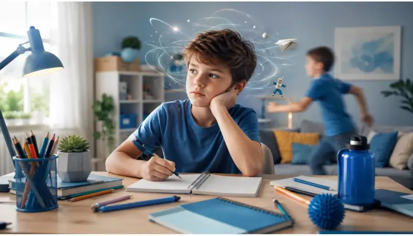 Bambino con ADHD e autismo lotta con i compiti, la mente piena di pensieri vorticosi e distrazioni. Un altro bambino corre sullo sfondo.
