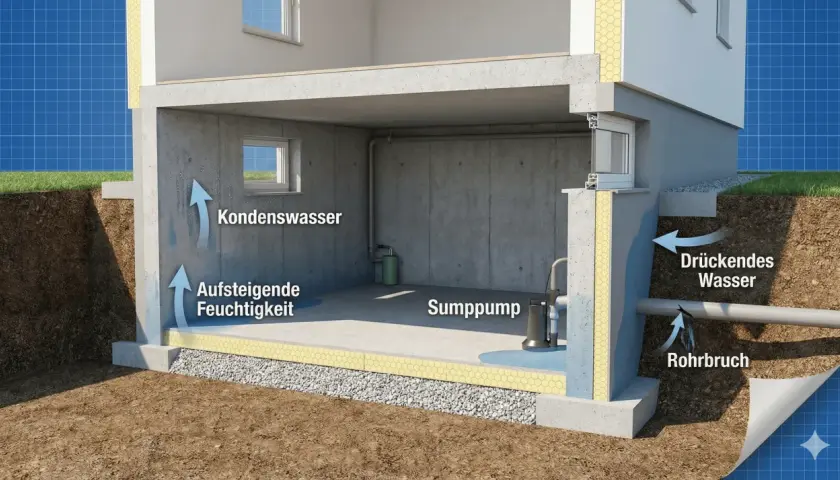 Feuchter Keller mit aufsteigender Feuchtigkeit, Kondenswasser und drückendem Wasser. Eine Sumpfpumpe ist installiert, um das Wasser abzupumpen. Ein Rohrbruch ist ebenfalls sichtbar. Dies sind ideale Bedingungen für **Schimmel im Keller**.