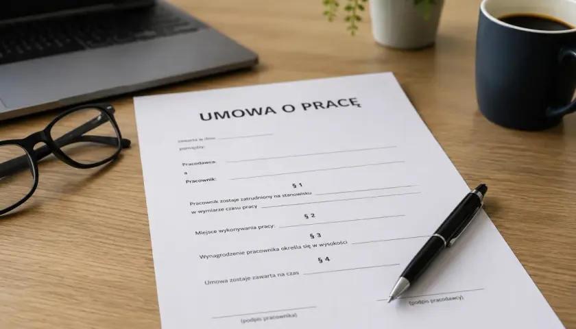 Na biurku leży dokument "Umowa o pracę", obok okulary, laptop i kubek kawy.