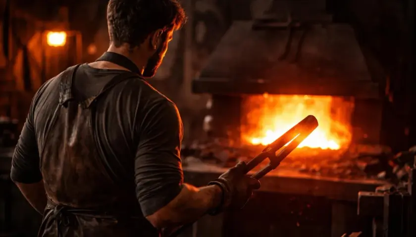 Forger au cœur des flammes, il manie la pince pour nettoyer l'acier noirci, prêt à le façonner.