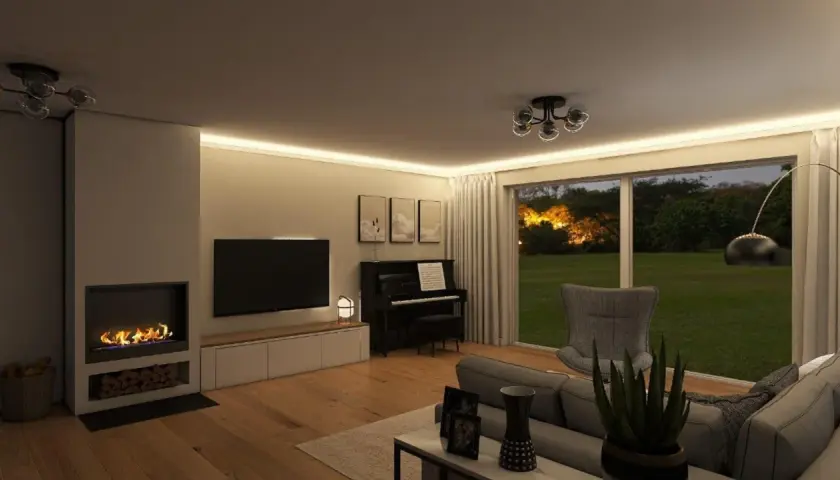 Gemütliches Wohnzimmer mit Kamin, Klavier und Blick ins Grüne. Tolle deko inspiration wohnzimmer für einen entspannten Abend.
