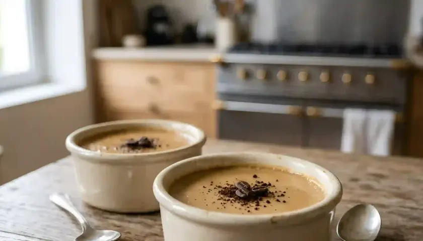 Deux bols de lait de poule crémeux, garnis de grains de café et de cacao, sur une table en bois rustique.