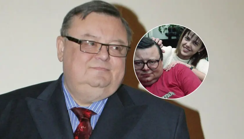 Wojciech Mann z żoną, uśmiechniętą kobietą w białym swetrze, na zdjęciu w okręgu.