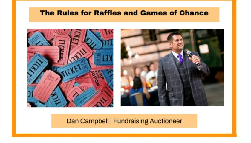 Pile of blue and pink raffle tickets, with a man in a suit speaking into a microphone. Dan Campbell, Fundraising Auctioneer.