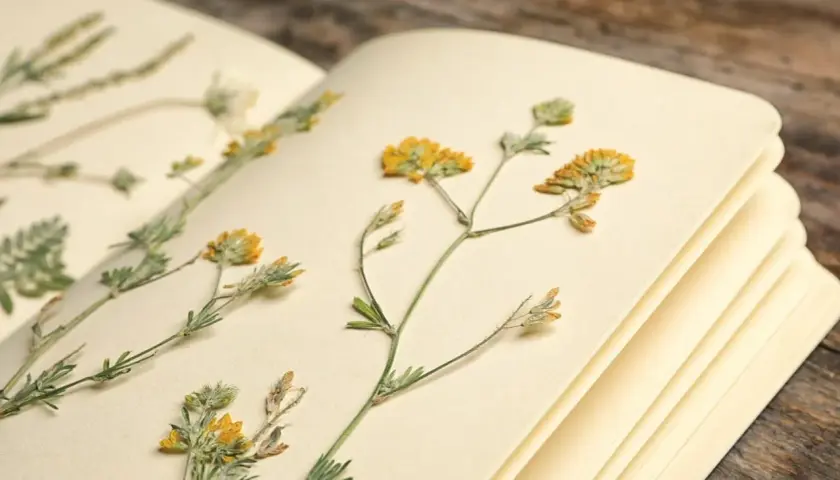 Ein offenes Buch zeigt sorgfältig getrocknete, gelbe und grüne Kräuter. Ein Herbarium mit gepressten Pflanzen, die auf den Seiten liegen.