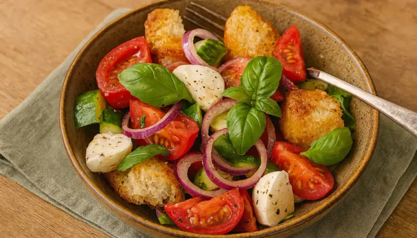 Toskanischer Brotsalat original: Frische Tomaten, Gurken, rote Zwiebeln, Mozzarella und knusprige Brotwürfel mit Basilikum.
