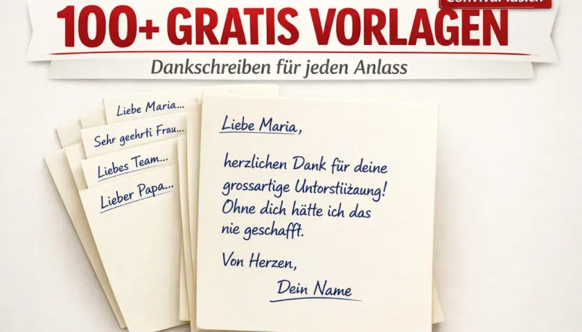 Karten mit Dankschreiben für jeden Anlass. Eine Karte zeigt "Liebe Maria, herzlichen Dank für deine grossartige Unterstützung! Ohne dich hätte ich das nie geschafft.