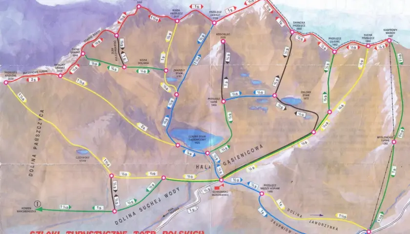 Mapa szlaków turystycznych Tatr Polskich. Znajdziesz tu trasy na Kozi Wierch, Świnicę i Kasprowy Wierch. Idealna do planowania tatrzańskich wycieczek.