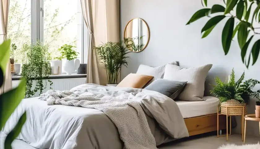 Sypialnia z bujną zielenią. Wiele roślin, które mogą być inspiracją, jakie kwiaty do sypialni, tworzy przytulną atmosferę.