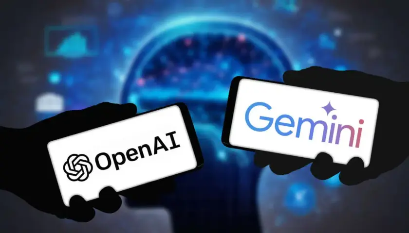 Dwie dłonie trzymają smartfony z logotypami OpenAI i Gemini. Tło to stylizowany mózg i wykresy, sugerujące rywalizację AI, jak Bard GPT.