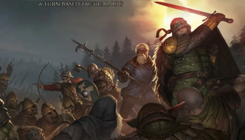 Zacięta bitwa w grze Battle Brothers. Zbrojni wojownicy walczą z potworami, łucznicy celują, a miecz lśni w słońcu.