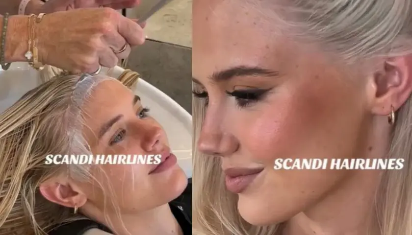 Blondynka w salonie fryzjerskim, gdzie powstaje jej scandi hairline. Włosy są rozjaśniane przy skórze głowy.
