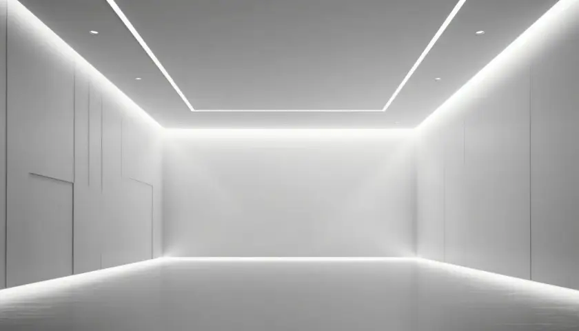Nowoczesny, minimalistyczny pokój z ukrytym montażem oświetlenia LED, tworzącym efektowną grę światła i cienia.